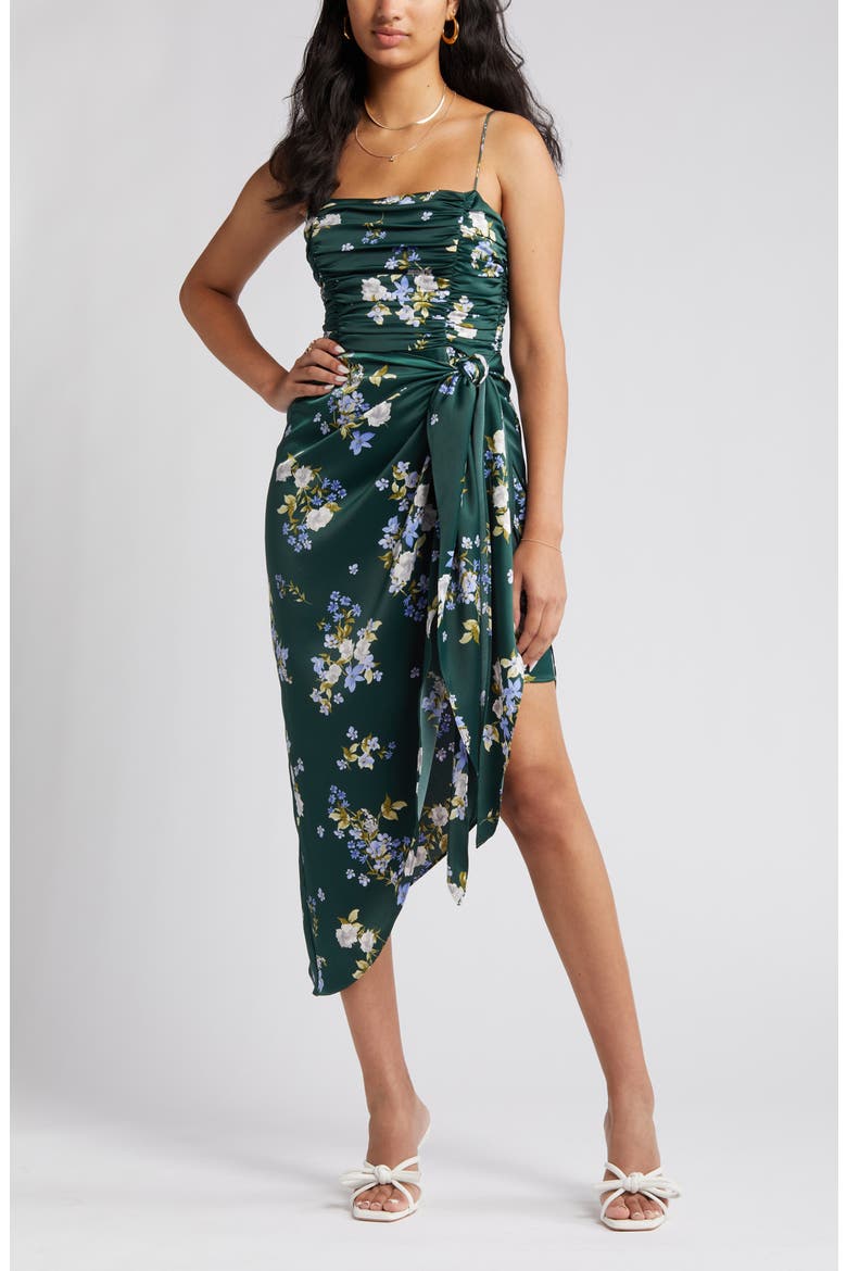 Ruched Bodice Satin Midi Dress, Alternate, color, HUNTER BOUQUET