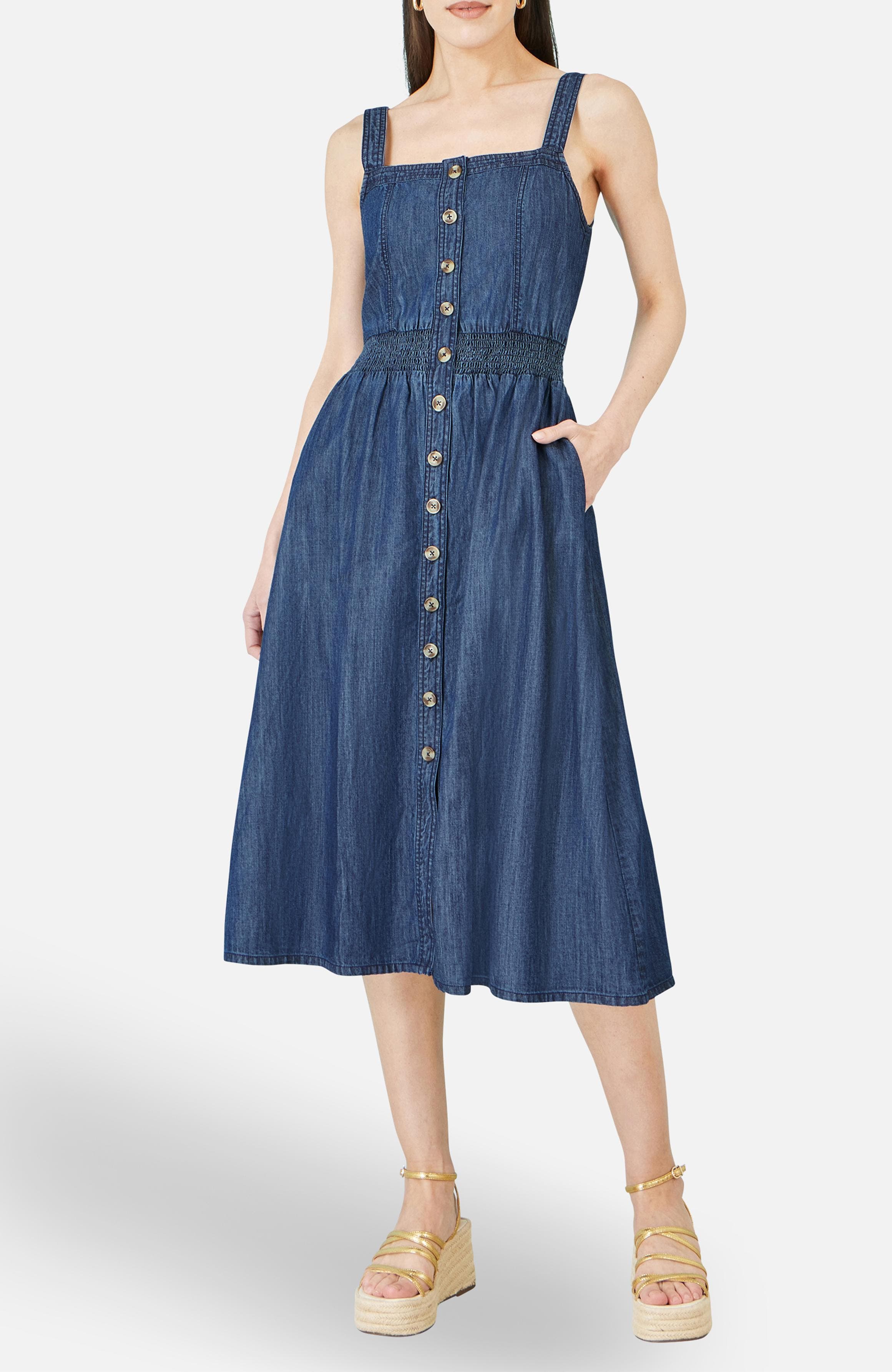 yumi denim dress Yumi Denim Dip Hem Relaxed Fit Shirt Dress - Blue