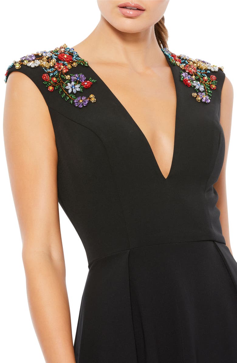 Ieena for Mac Duggal Plunge Neck Empire Waist Beaded Shoulder Gown, Alternate, color,