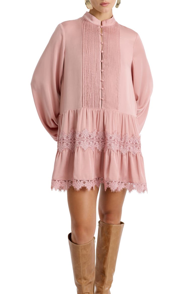 Antonia Lace Trim Long Sleeve Satin Minidress, Alternate, color, DUSTY PINK