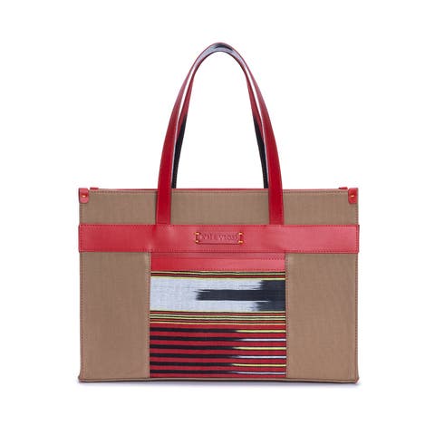 Leather & Canvas Tote Bag with Pockets