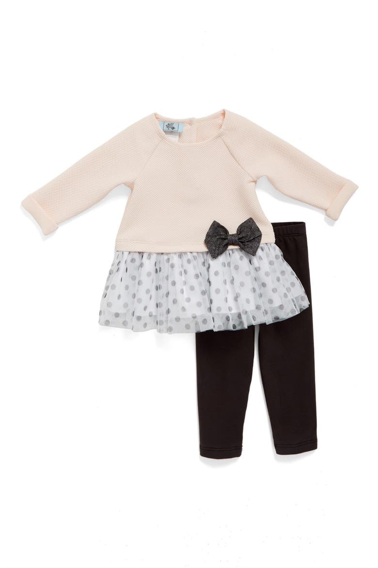 Polka Dot Tulle Hem Top & Leggings Set, Main, color, PINK/ GREY