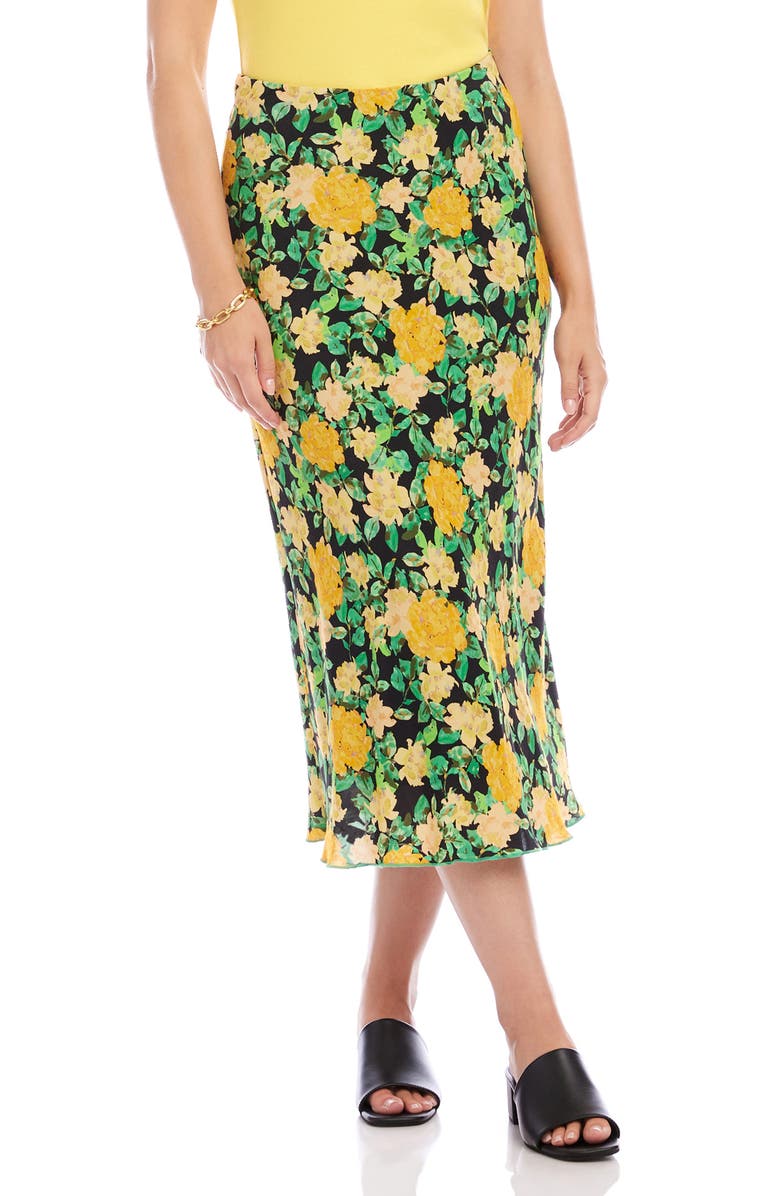 Karen Kane Floral Print Bias Cut Midi Skirt, Main, color, Yellow Floral