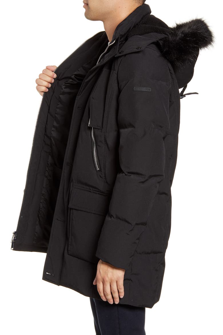 Faux Fur Trim Down & Feather Quilted Parka, Alternate, color, BLACK