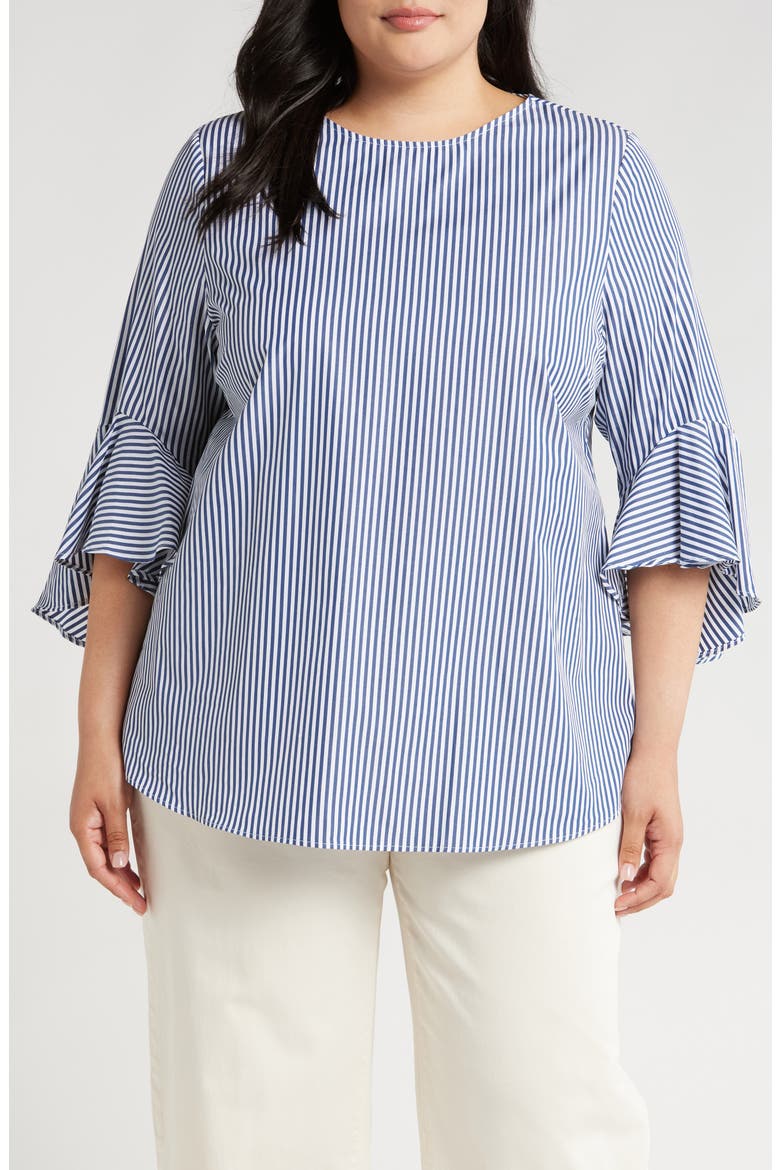 Malena Stripe Flutter Sleeve Cotton Top, Main, color, NAVY STRIPES