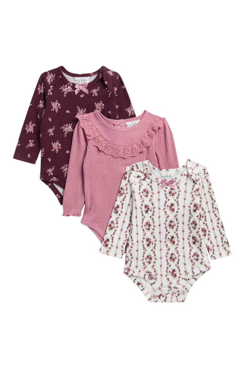 Kids' 3-Pack Long Sleeve Bodysuits, Main, color, FIG SEA SPRAY
