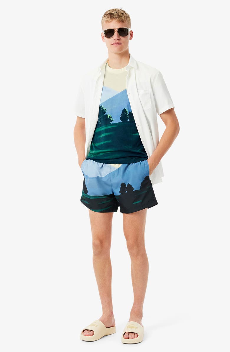 Lacoste Landscape Print Swim Trunks, Alternate, color, Sinople/Yellow