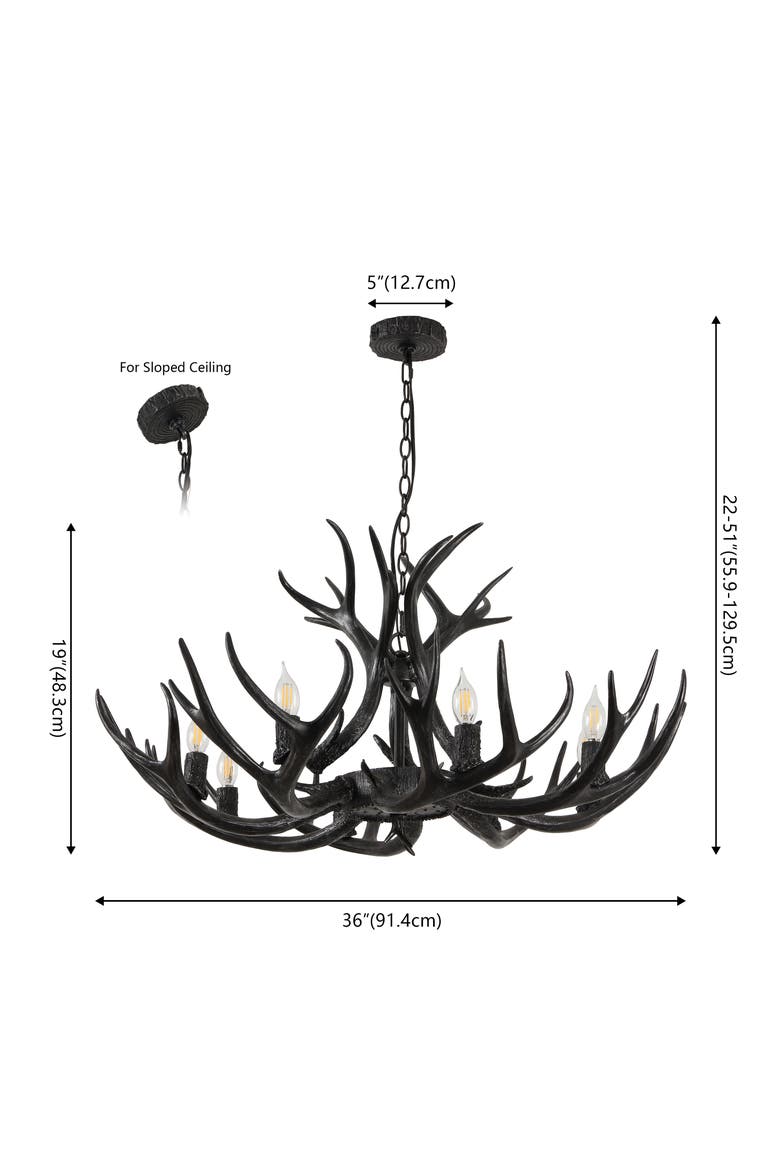 Eldora 36" 8-Light Rustic Farmhouse Adjustable Resin Antler LED Chandelier, Brown, Alternate, color, Black