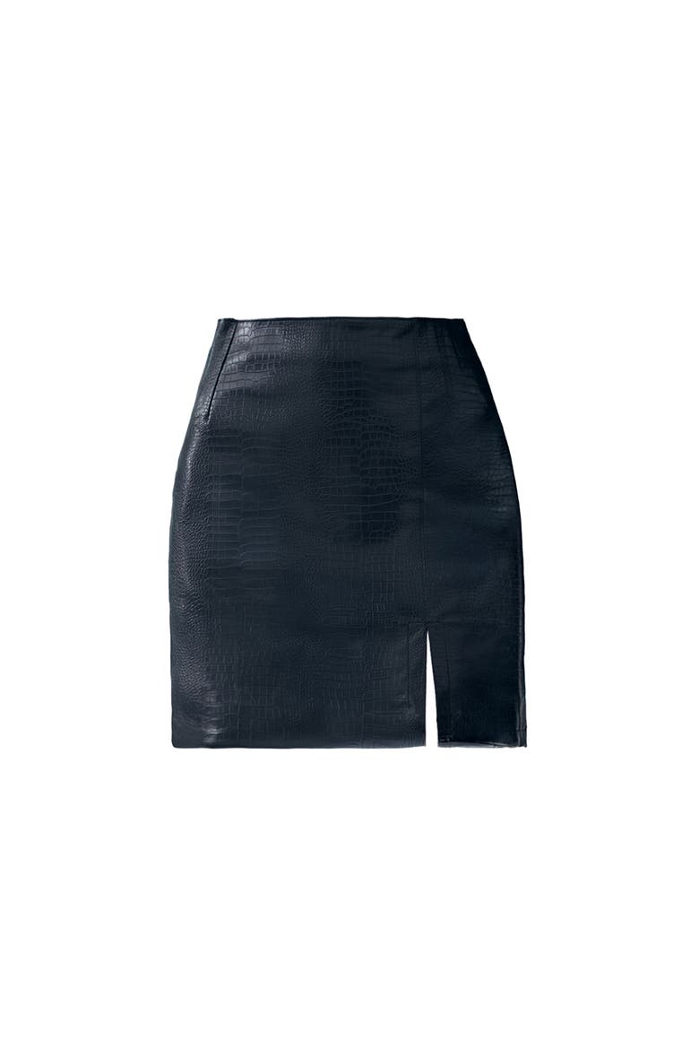Tess Croc Embossed Leather Mini Slit Skirt, Alternate, color, Black