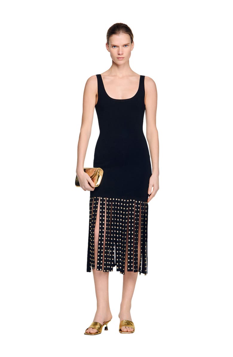 SANDRO Fringed knit maxi dress, Alternate, color, Black