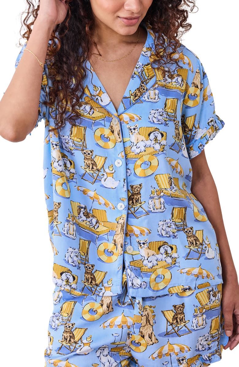 Printfresh Ruffle Satin Pajamas, Alternate, color, Cerulean Splash