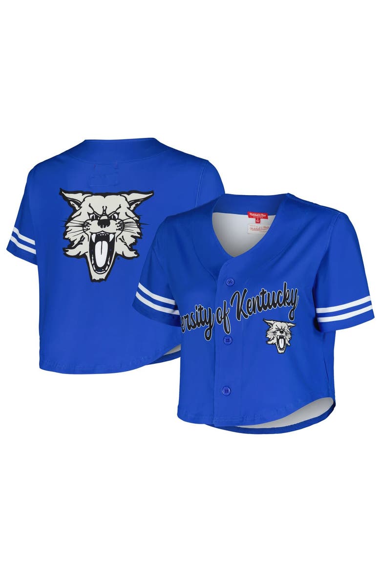 Women's Mitchell & Ness  Royal Kentucky Wildcats Vault Cropped V-Neck Button-Up Shirt, Main, color, Royal