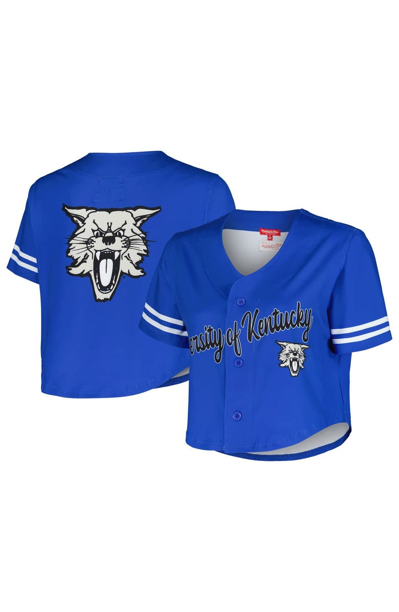 Mitchell & Ness Women's Mitchell & Ness Royal Kentucky Wildcats Vault Cropped V-Neck Button-Up Shirt, Main, color,
