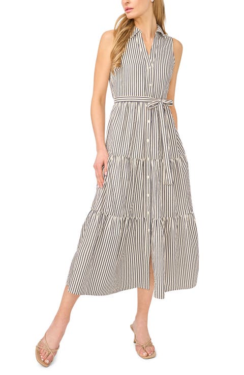 Stripe Sleeveless Tie Waist Shirtdress