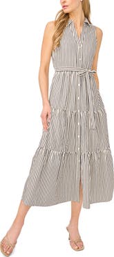 CeCe Stripe Sleeveless Tie Waist Shirtdress