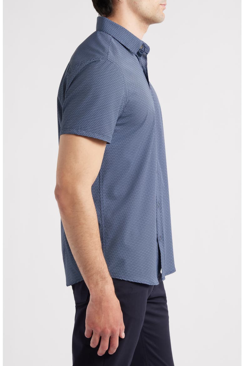 Trim Fit Hexagon Print Short Sleeve Performance Button-Up Shirt, Alternate, color, NAVY