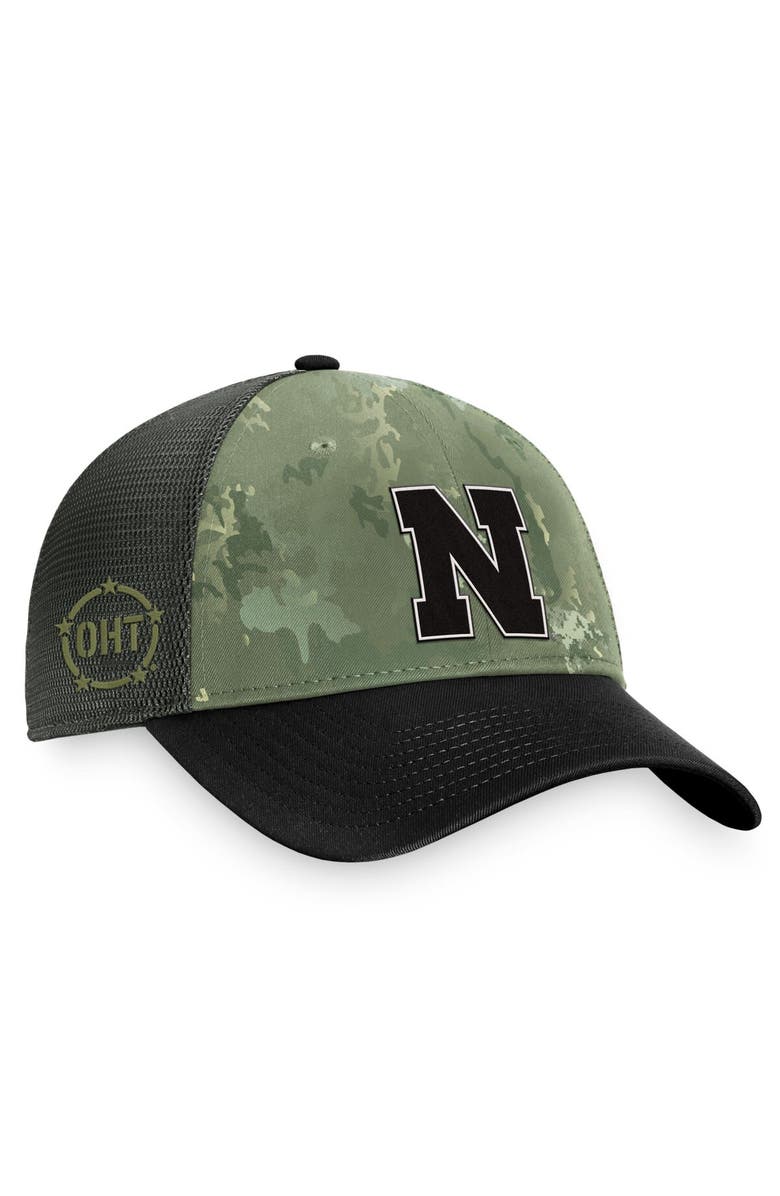TOP OF THE WORLD Men's Top of the World Hunter Green/Gray Nebraska Huskers OHT Military Appreciation Unit Trucker Adjustable Hat, Main, color, 