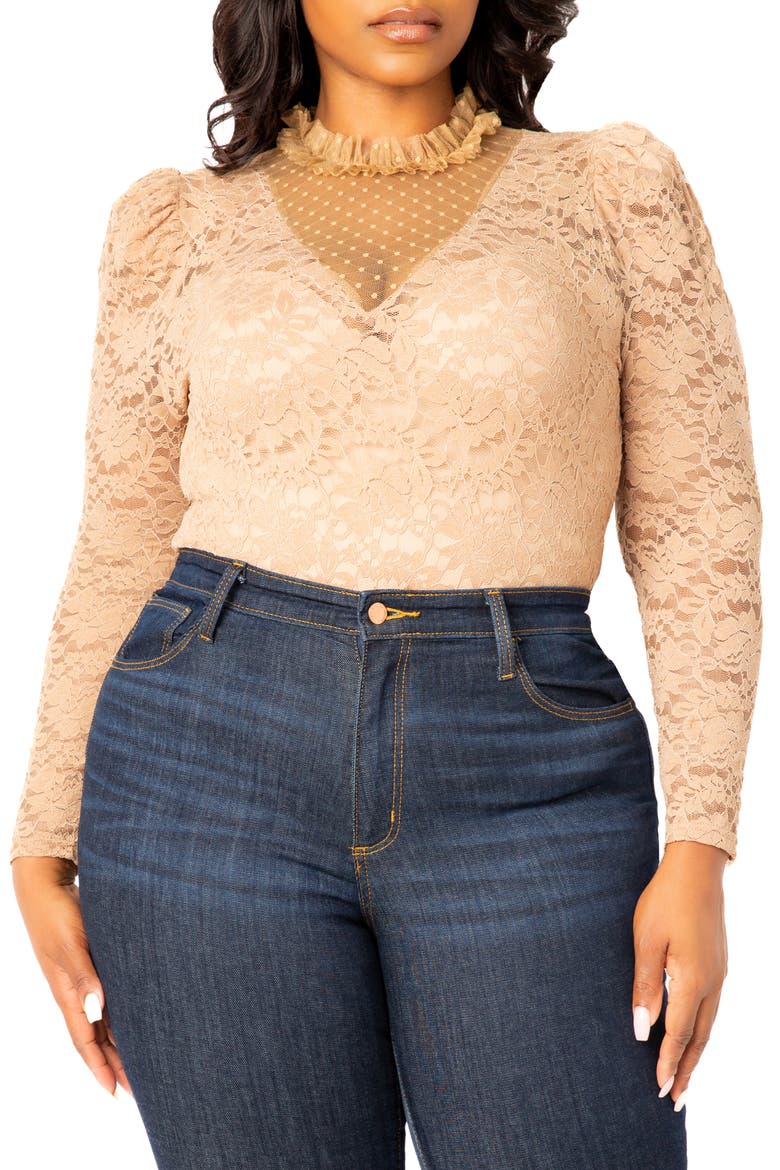 Sheer Stretch Lace Long Sleeve Bodysuit, Main, color, KHAKI