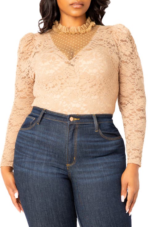 Sheer Stretch Lace Long Sleeve Bodysuit (Plus)
