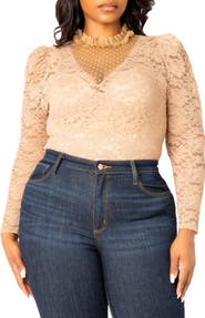 BUXOM COUTURE Sheer Stretch Lace Long Sleeve Bodysuit