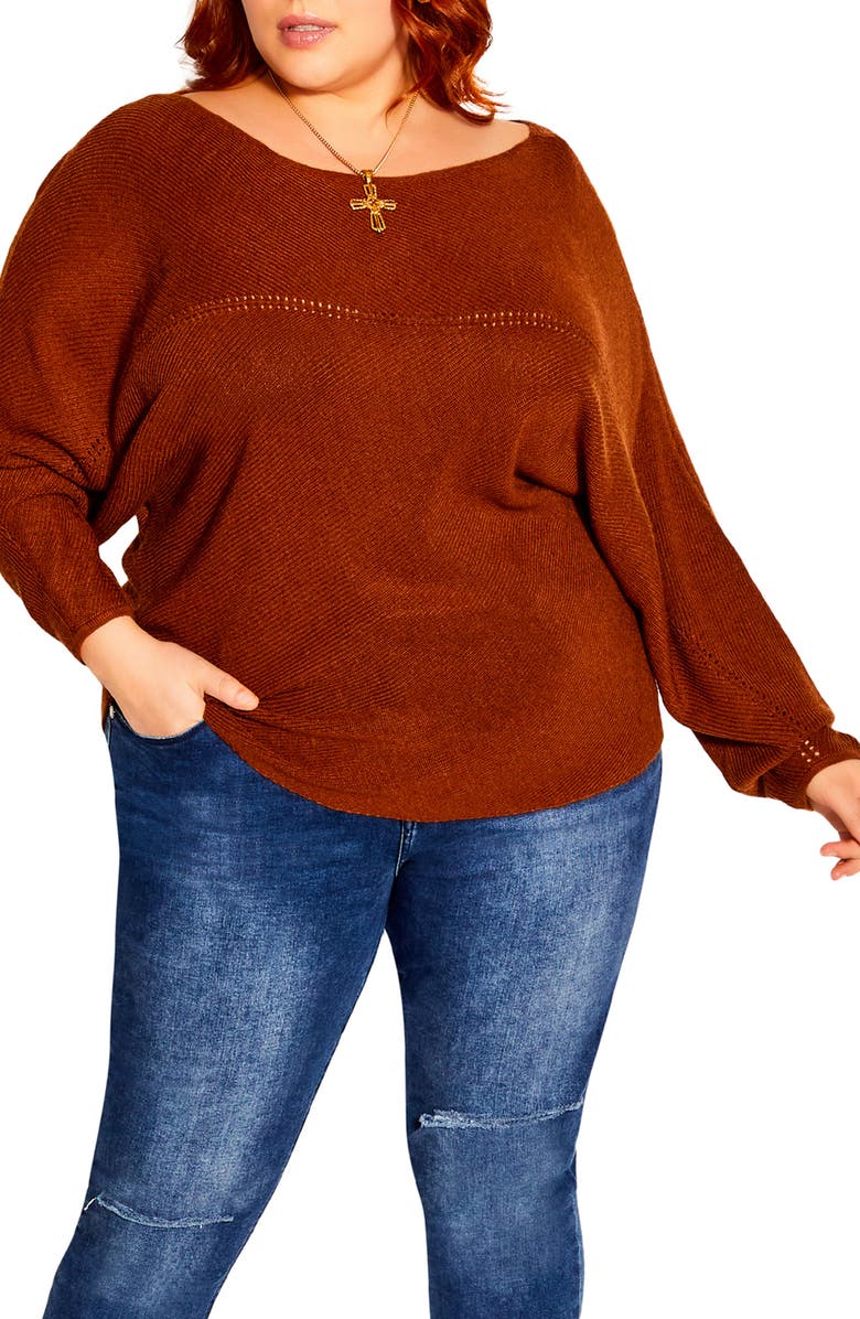 City Chic Romance One-Shoulder Sweater, Main, color, Chocolate