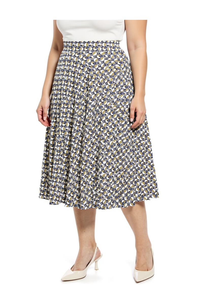 24seven Comfort Apparel Plus Size Geometric Elastic Waist Pocket A-Line Midi Skirt, Alternate, color, Green Multi