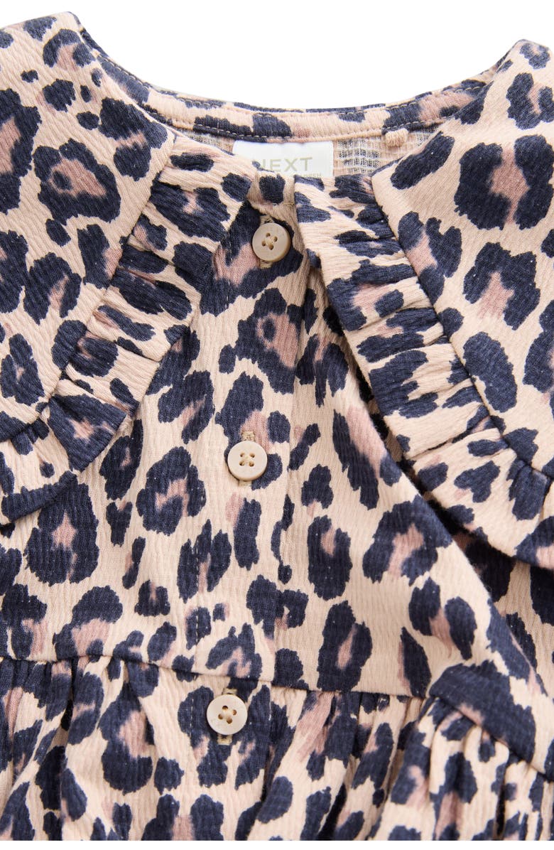 NEXT Kids' Ruffle Long Sleeve Cotton Blend Dress, Alternate, color, Multi Brown