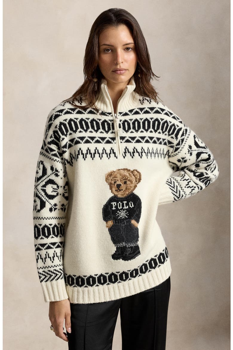 Intarsia Bear Half Zip Sweater, Alternate, color, WHITE