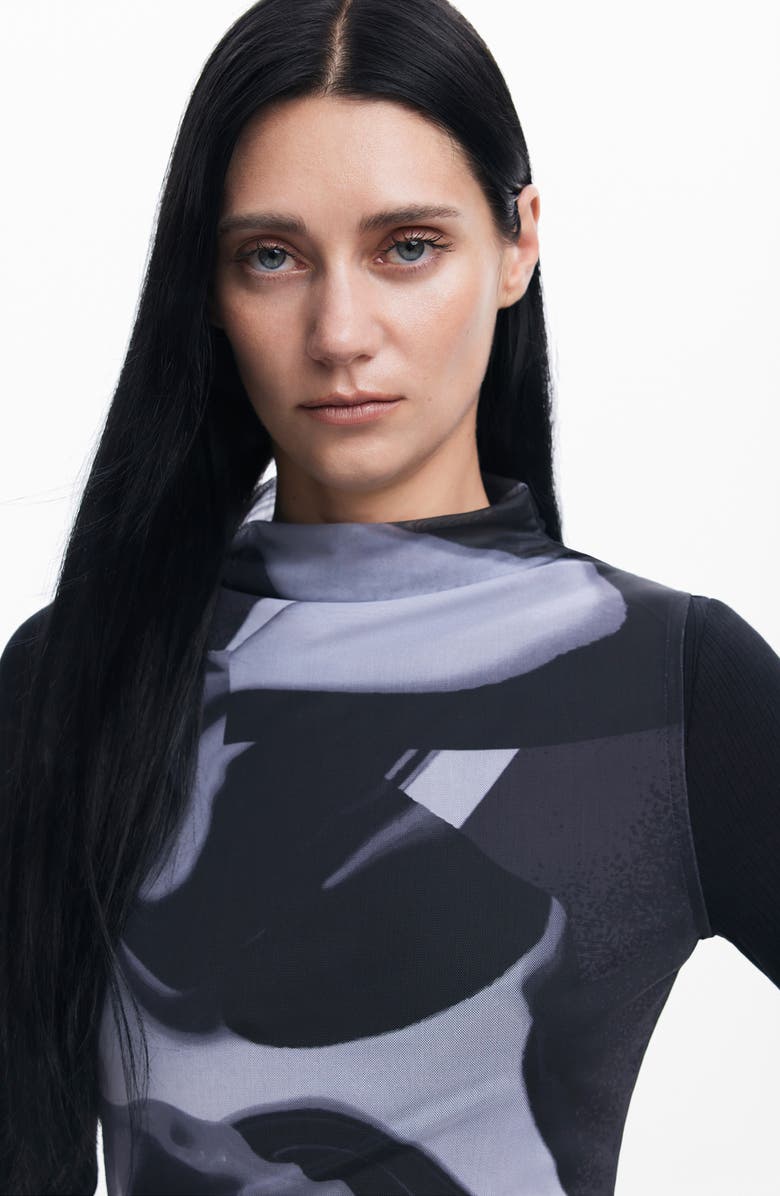 Desigual Lincoln Abstract Print Long Sleeve Mesh Dress, Alternate, color, Black