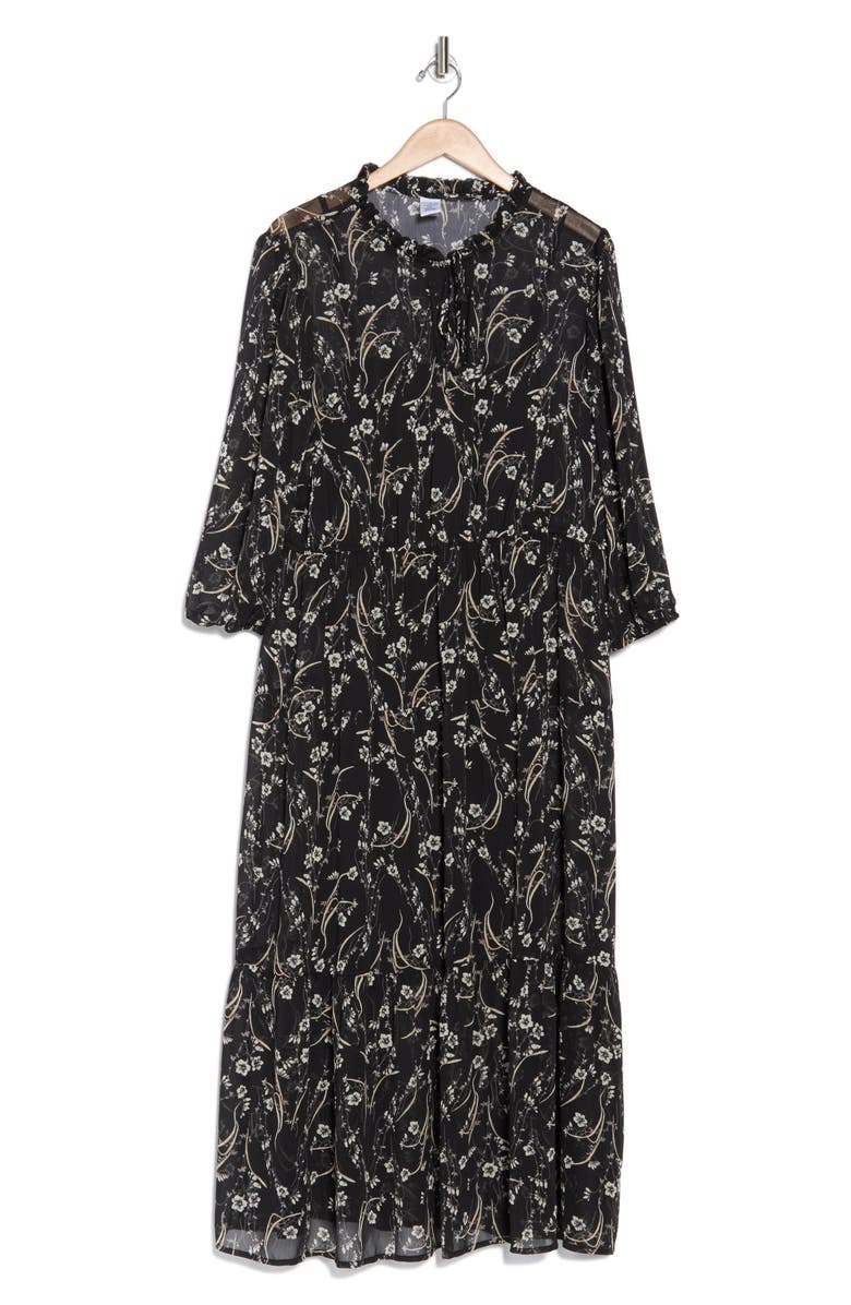 Melrose and Market Floral Tie Neck Long Sleeve Tiered Midi Dress, Alternate, color, Black Lush Floral