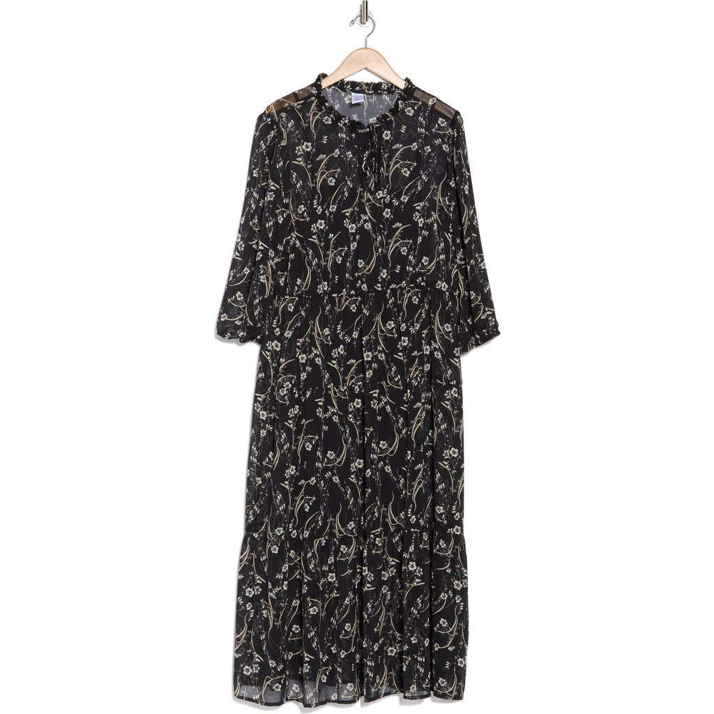 MELROSE AND MARKET MELROSE AND MARKET FLORAL TIE NECK LONG SLEEVE TIERED MIDI DRESS