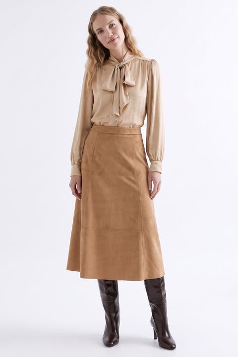 Stitch Detail Suede Midi Skirt With Zipper