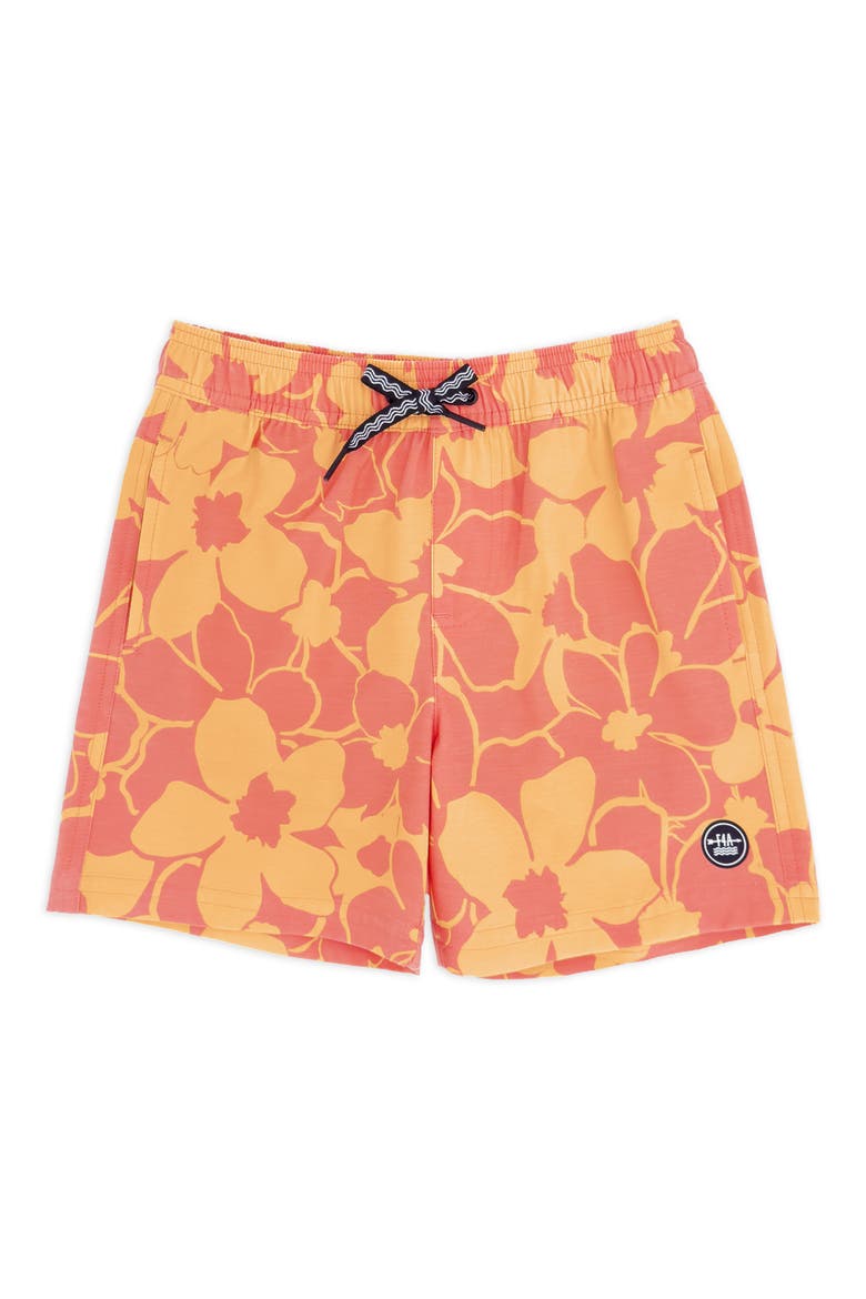 Kids' Hibiscus Floral Volley Swim Trunks, Main, color, MELON