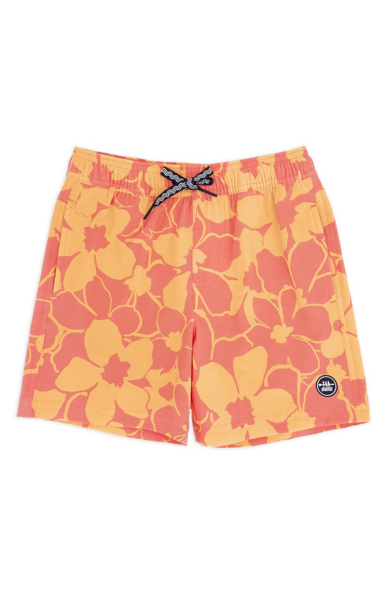 Feather 4 Arrow Kids' Hibiscus Volley Trunks, Main, color, Melon