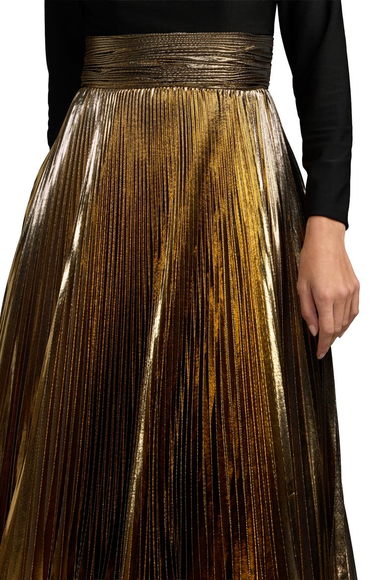 Long Sleeve Pleated Midi Dress, Alternate, color, Black Gold