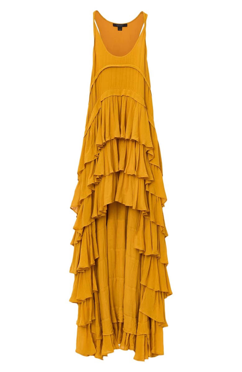 AllSaints Cavarly Tiered Ruffle High-Low Dress, Alternate, color, Ochre Yellow