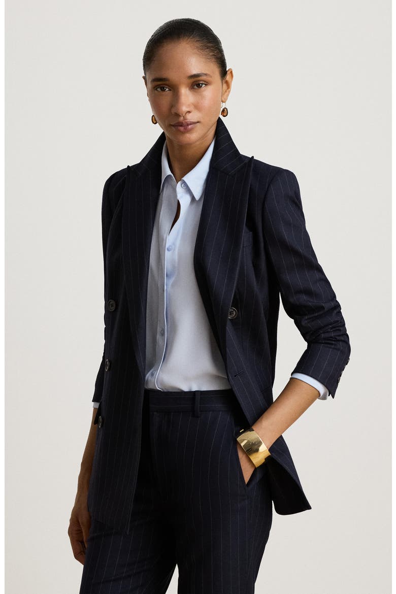 Pinstripe Double-Breasted Twill Blazer, Alternate, color, NAVY BLUE/ WHITE