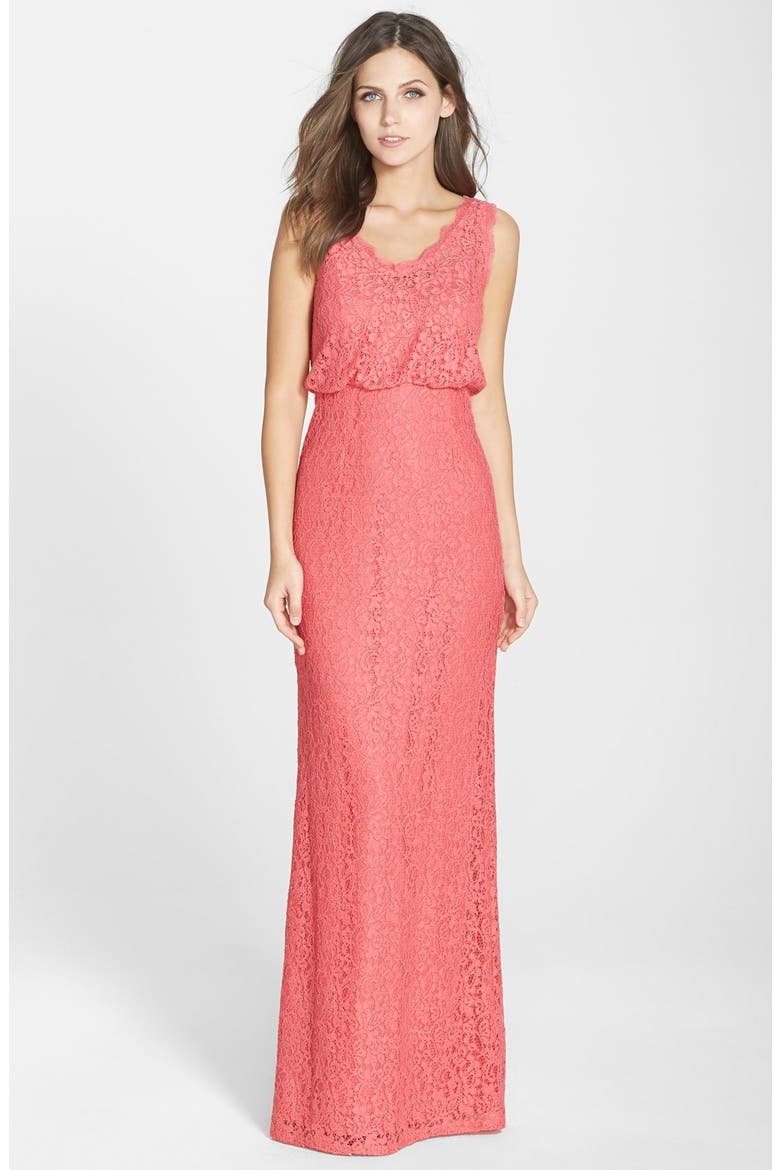 Floral Lace Blouson Column Gown, Main, color, FLAMINGO