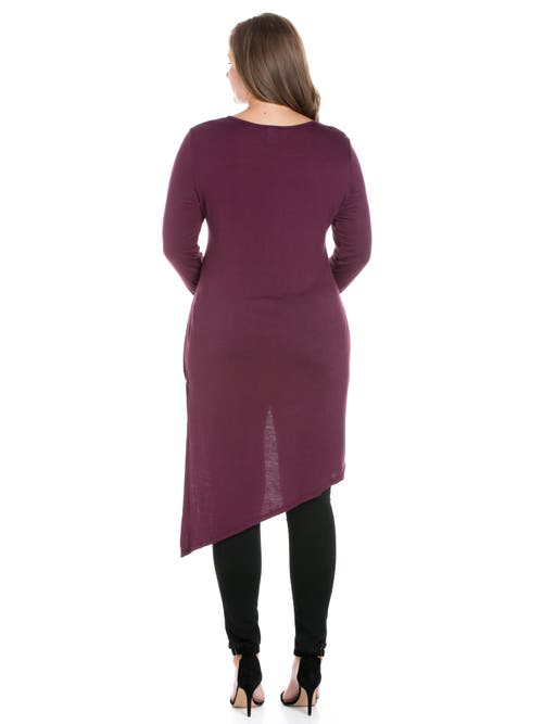 24seven Comfort Apparel Plus Size Long Sleeve Knee Length Asymmetrical Tunic Top In Purple