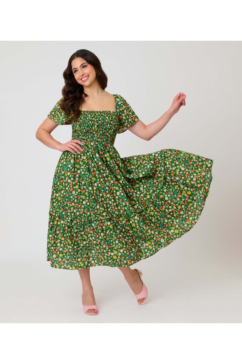 Smocked Bodice Midi Dress, Alternate, color, Green Strawberry Print