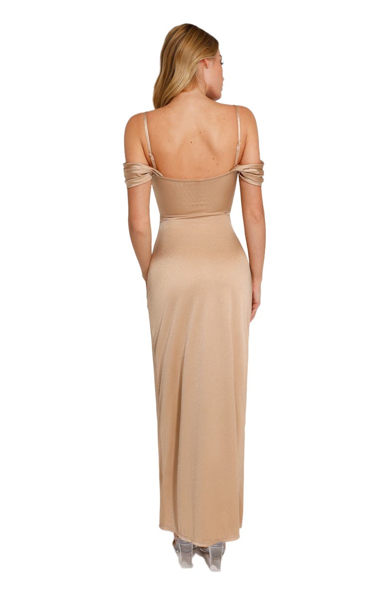 Popilush Shapewear Off Shoulder Shine Ruched Sculpting Maxi Dress, Alternate, color, Champagne