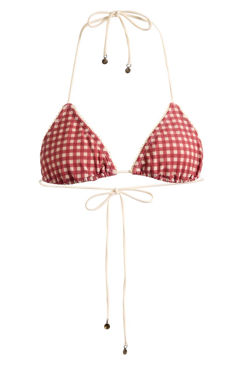 Gingham Picot Trim Triangle Bikini Top, Alternate, color, RED