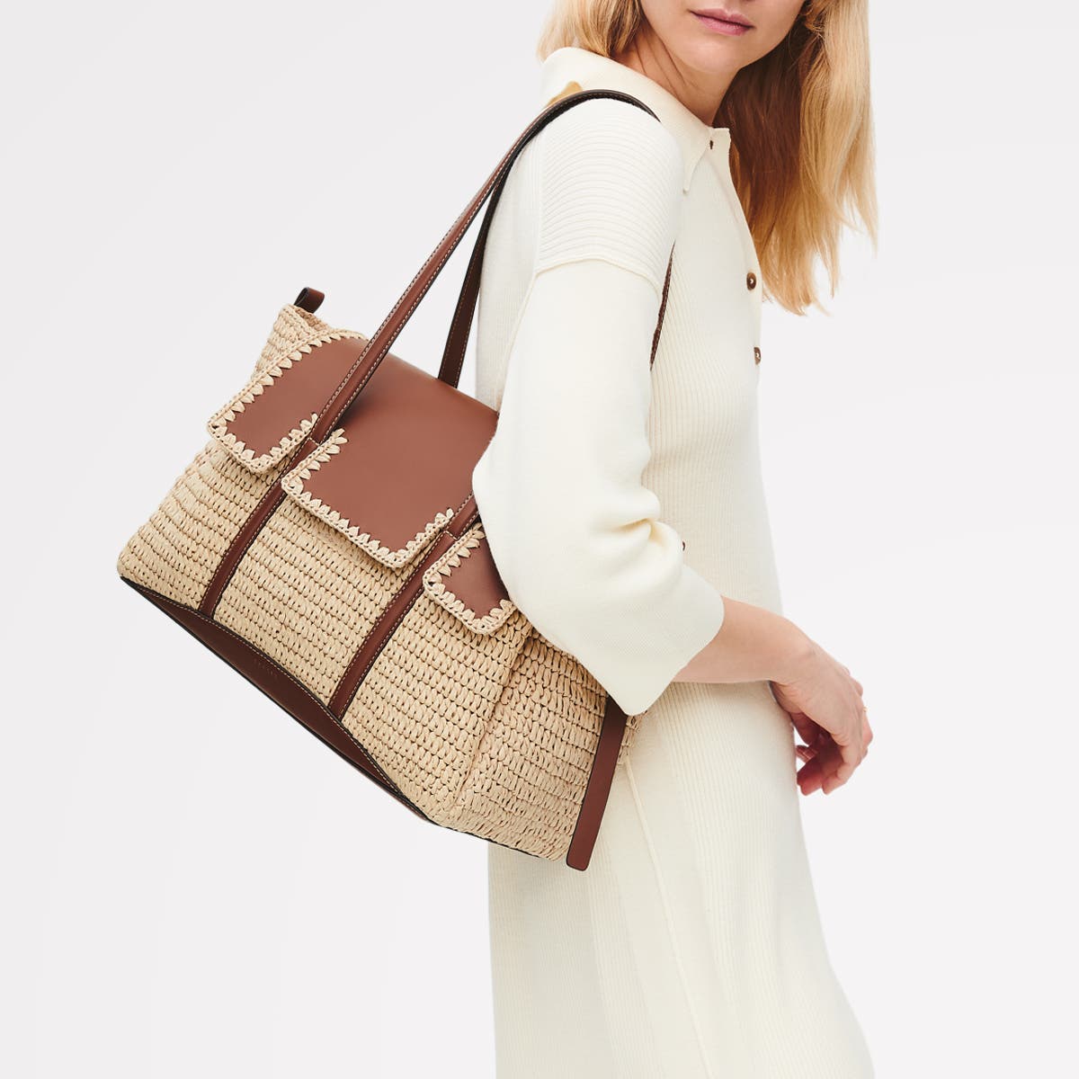 Radley The Chancery - Raffia Medium Flapover Woven Shoulder Bag, Alternate, color, Natural
