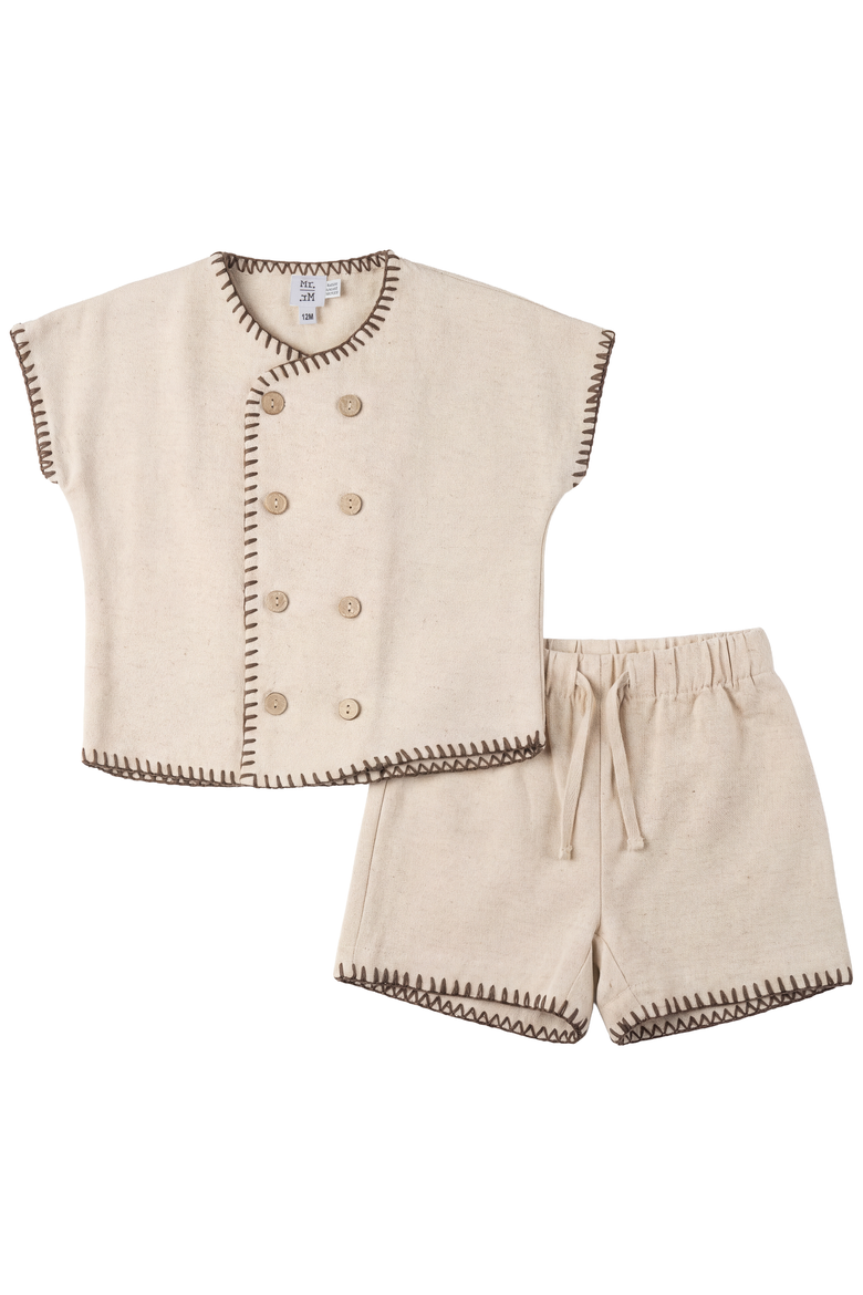 Double Breasted Cotton Linen Shirt and Shorts Set, Main, color, Beige