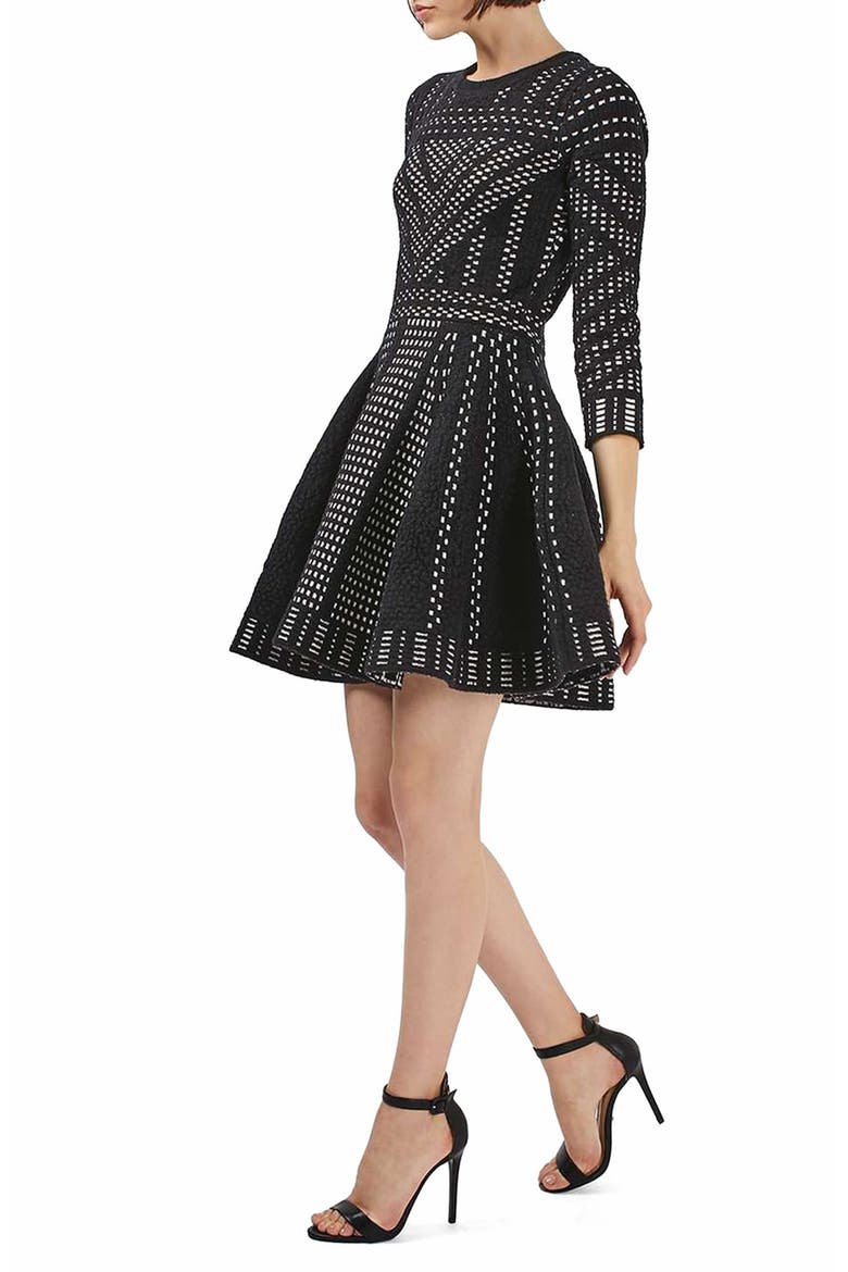 Geometric Fit & Flare Dress, Alternate, color, BLACK MULTI