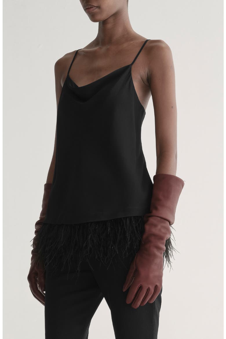 Eliza Feather Trim Satin Camisole, Alternate, color, BLACK