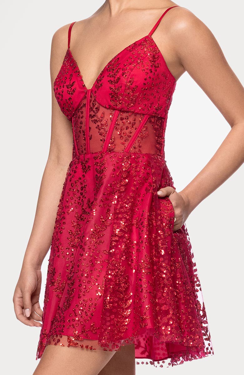 Blondie Nites Glitter Illusion Lace-Up Fit & Flare Dress, Alternate, color, Red