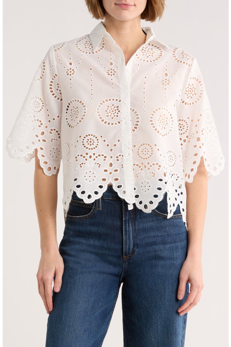 Eyelet Button Front Top, Main, color, WHITE