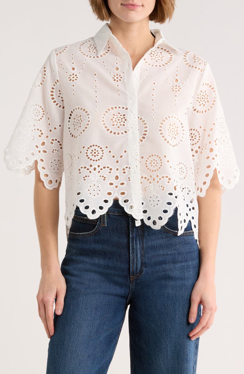 Forgotten Grace Eyelet Button Front Top, Main, color, White