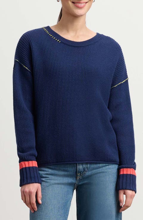 Contrast Stitch Waffle Knit Cotton Blend Sweater